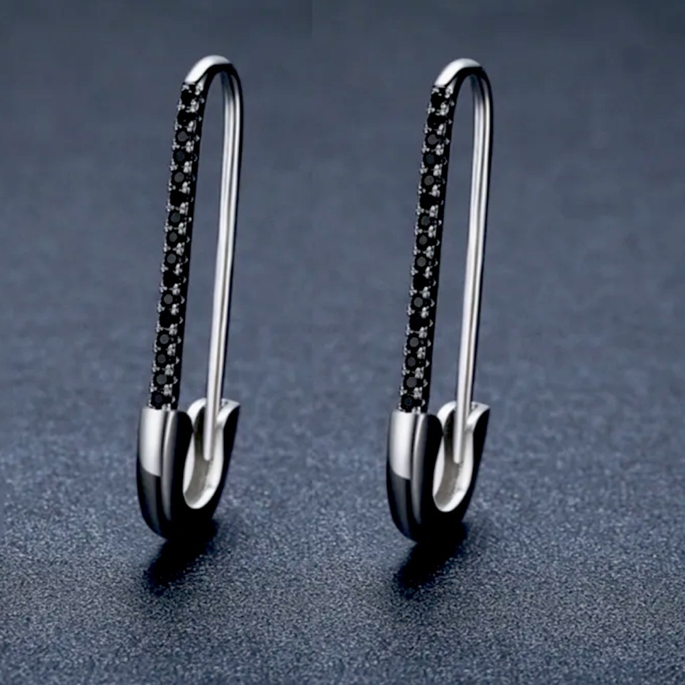 Sterling Silver Pin Hip Hop Black Hoop Earrings Trendy